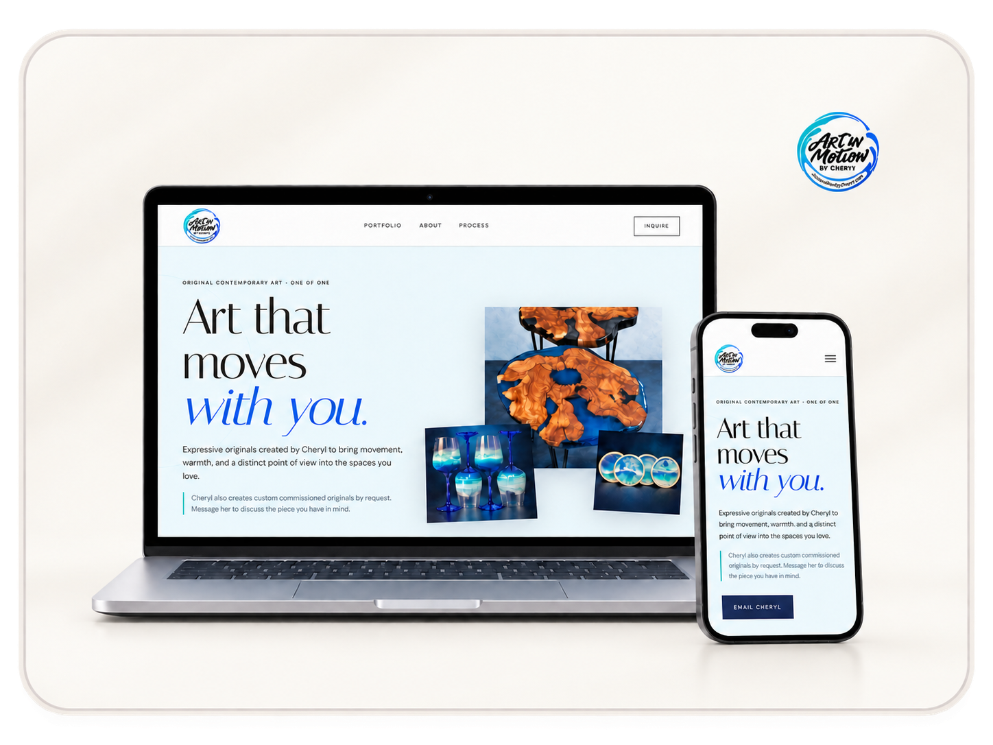 Art In Motion by Cheryl portfolio website shown on a laptop and mobile phone